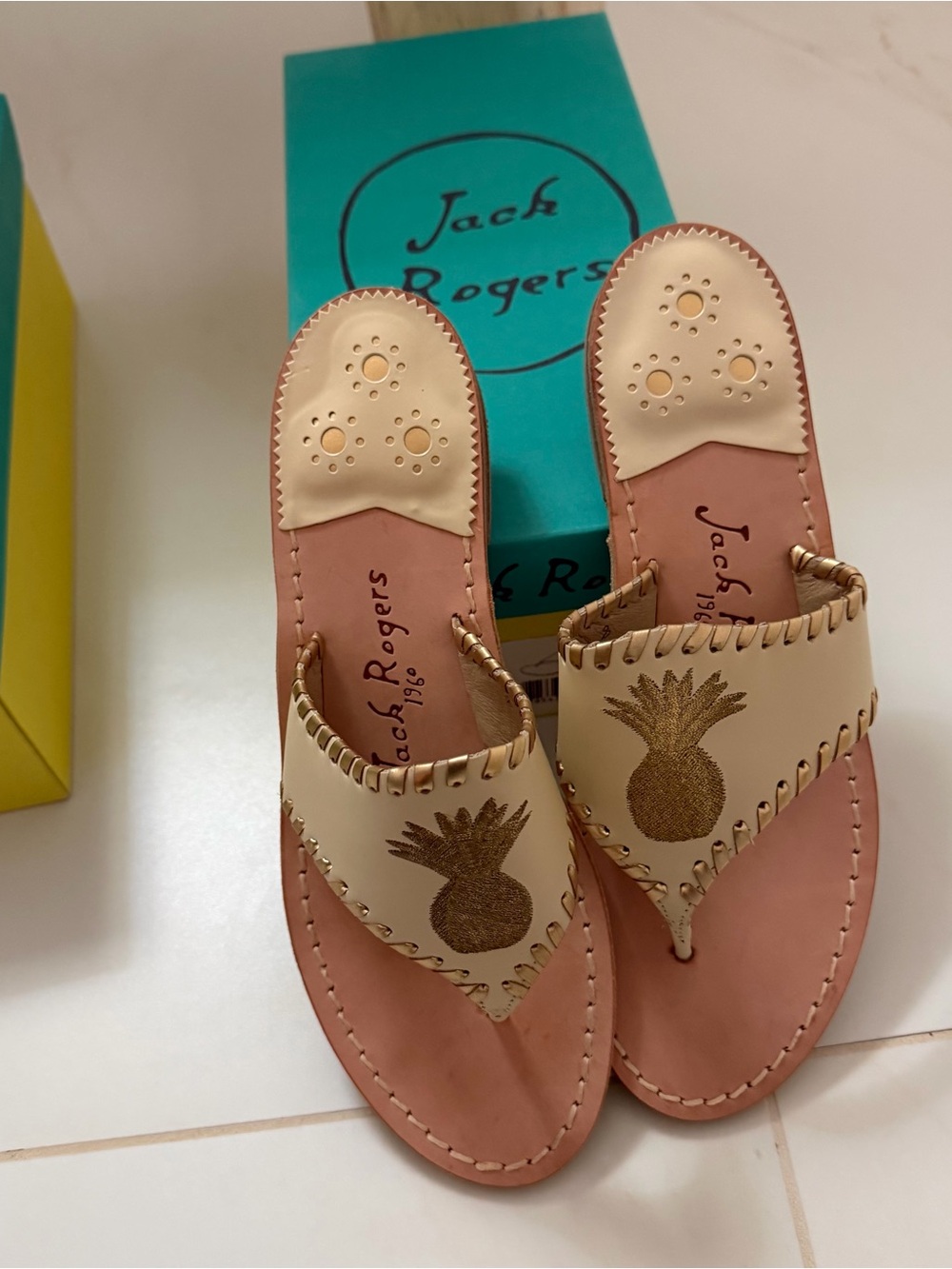 Jack Rogers Cream Leather Pineapple Thong Sandals with Gold Embroidery